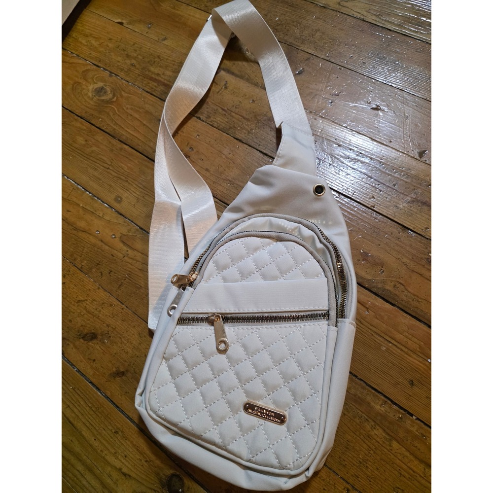 Jingpin Creations White Quilted Nylon Sling Bag Crossbody Chest Pack Gold Tone